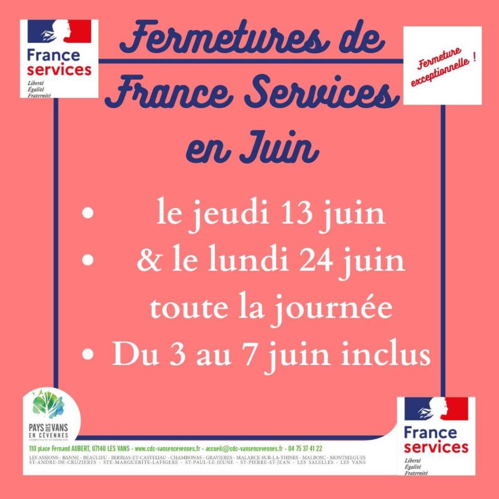 Fermetures exceptionnelles au mois de juin 2024 de France services