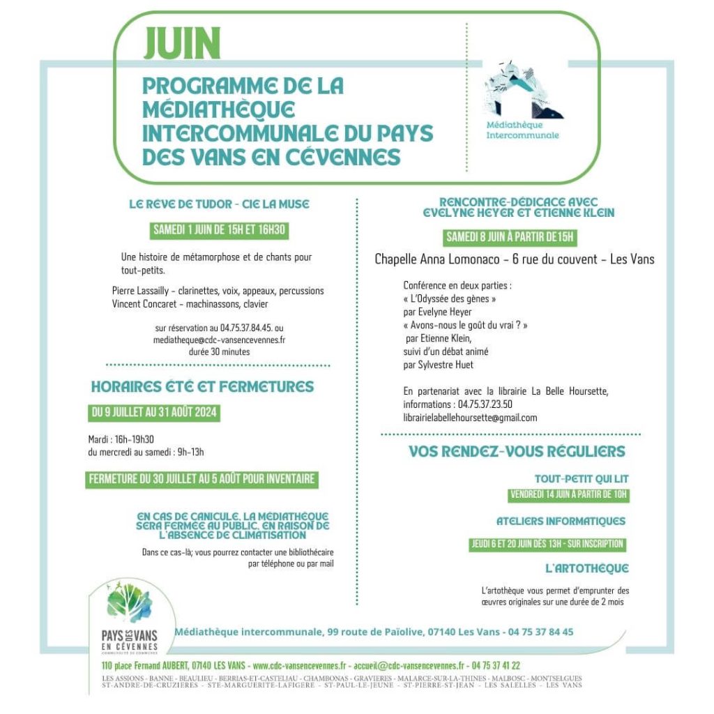 Programme du mois de juin 2024 de la Médiathèque Intercommunale du Pays des Vans en Cévennes, et les horaires d'été