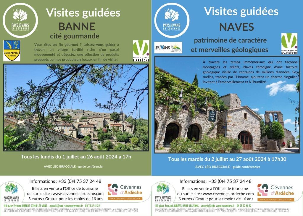 Affiche des visites guidées 2024 de Banne et Naves, villages de caractères du Pays des Vans en Cévennes
