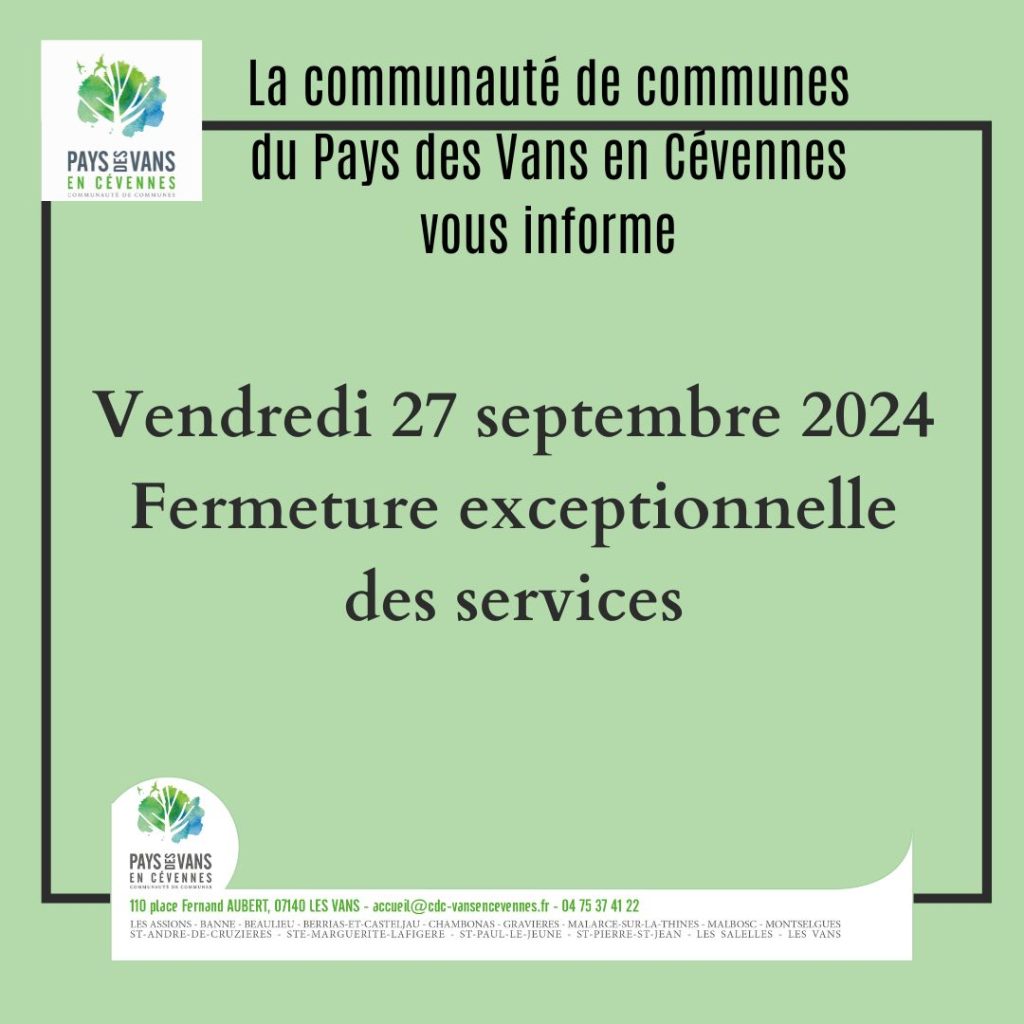 Fermeture exceptionnelle des services le 27 septembre 2024