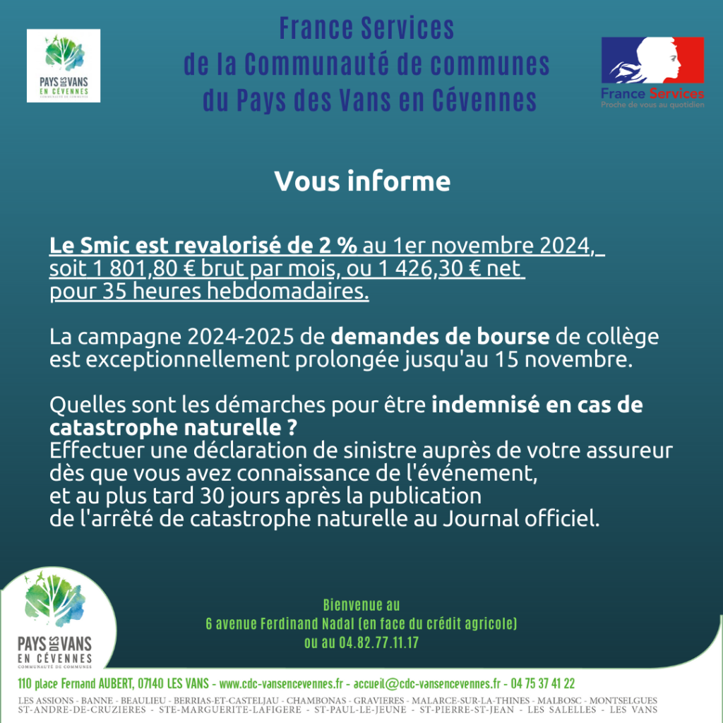 Affiche d'information de France services au mois d'octobre 2024 (sur le SMIC, les bourses des collégiens et les déclarations de catastrophe naturelle)