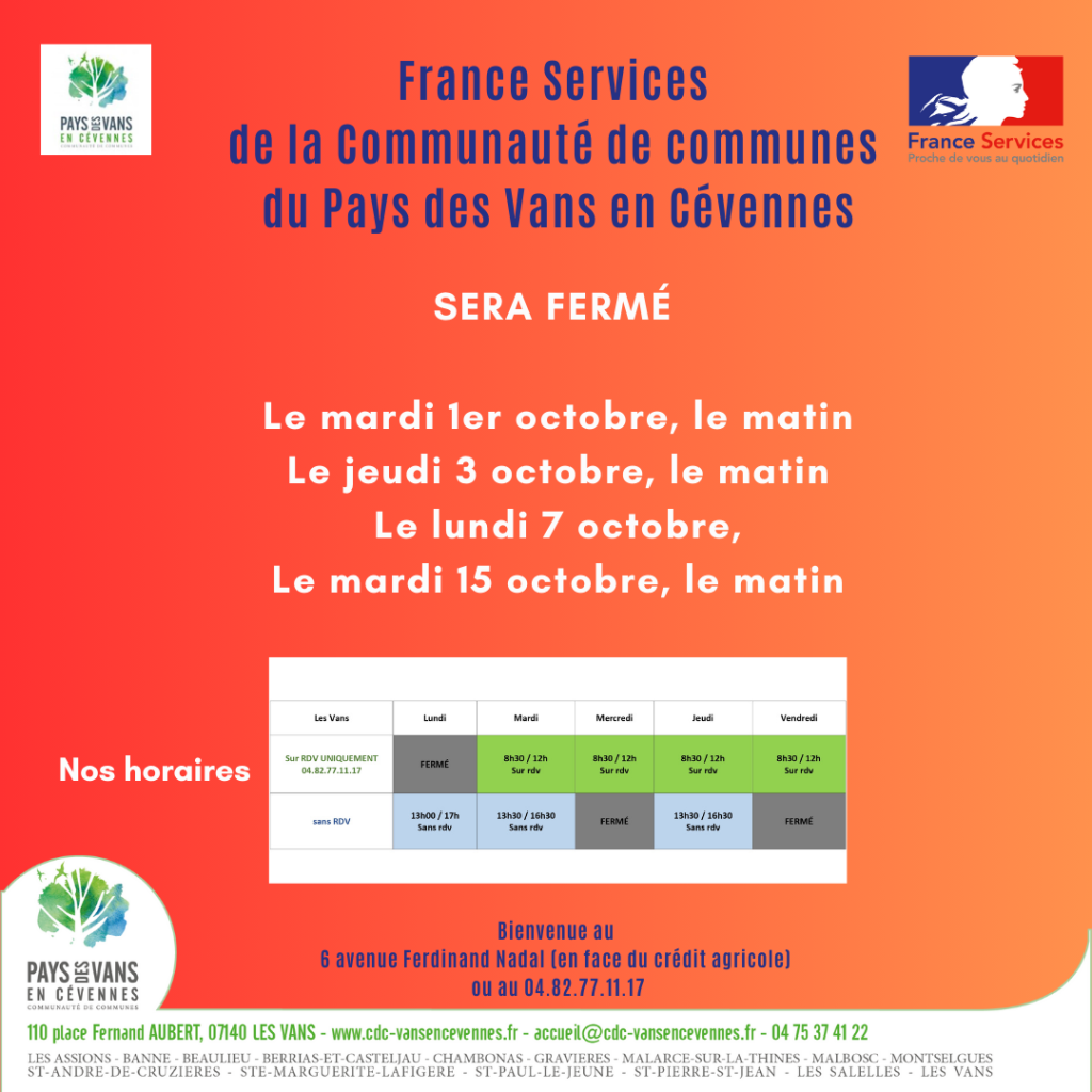 Fermetures exceptionnelles de France services du mois d'octobre 2024 au Pays des Vans en Cévennes