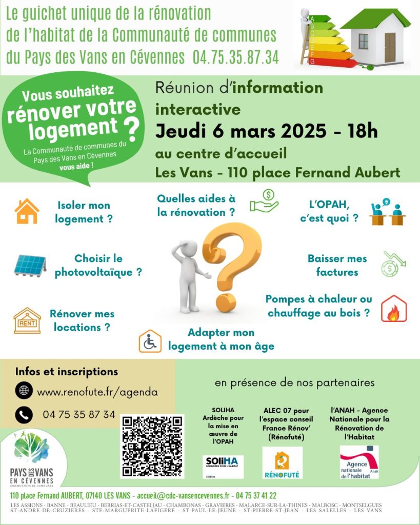 flyer réunion d'information sur la rénovation de l'habitat le 6 mars 2025 à 18h aux Vans