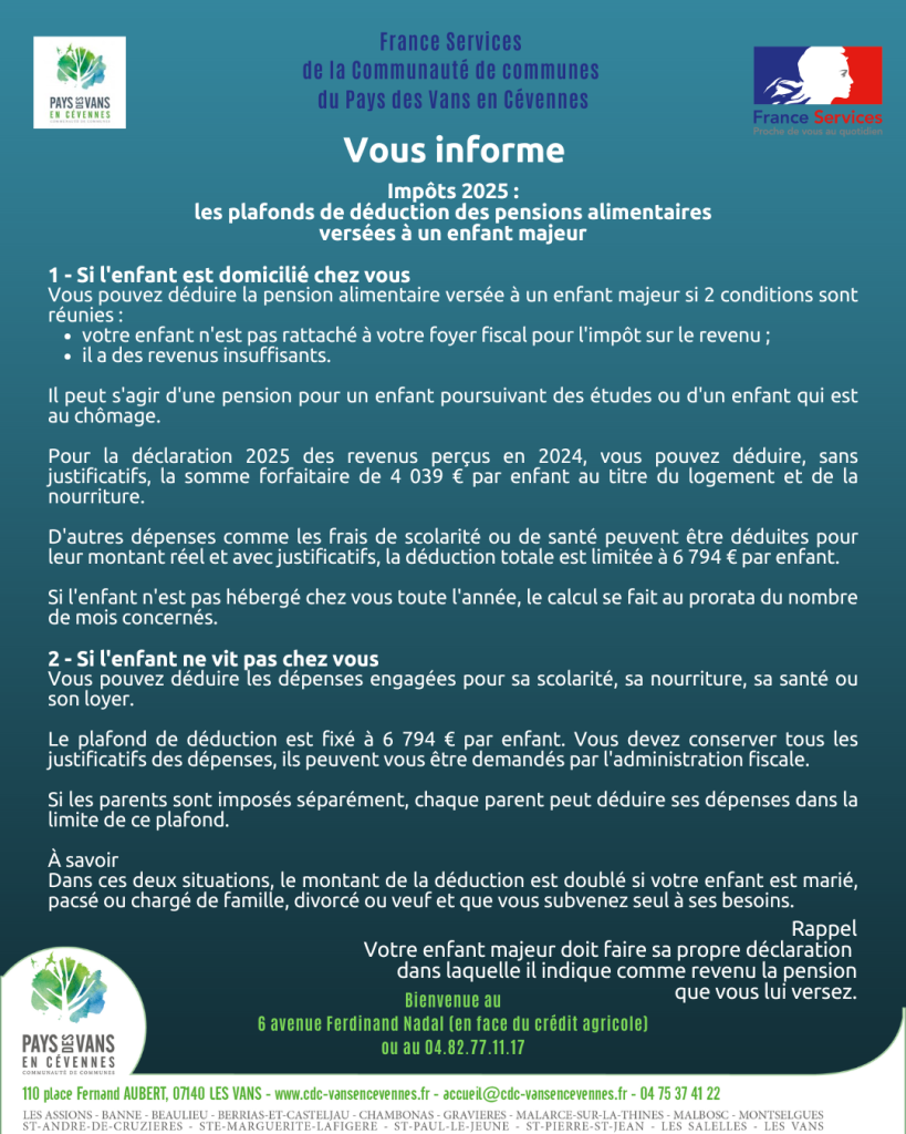 Rappel des plafonds de déduction des pensions alimentaires versées à un enfant majeur sur la déclaration des revenus 2025